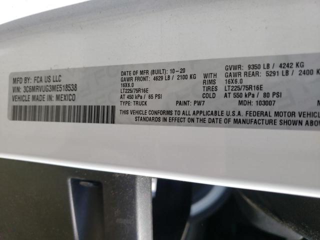 3C6MRVUG3ME518538 - 2021 RAM PROMASTER WHITE photo 10