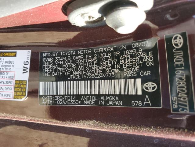 JTKDE167280249773 - 2008 TOYOTA SCION TC ბურგუნდია ფოტო 10