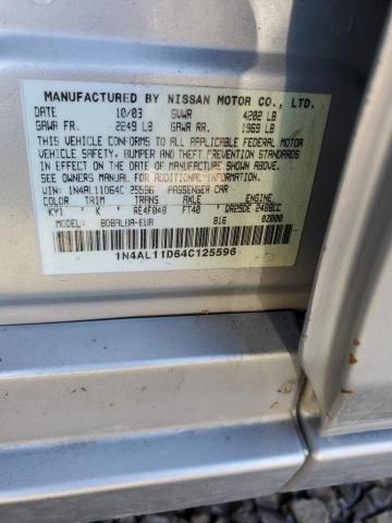 1N4AL11D64C125596 - 2004 NISSAN ALTIMA BAS SILVER photo 10