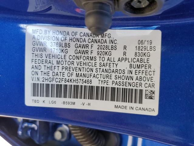 2HGFC2F84KH575468 - 2019 HONDA CIVIC SPOR BLUE photo 10