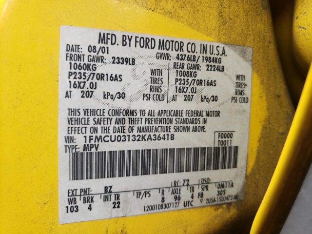 1FMCU03132KA36418 - 2002 FORD ESCAPE XLT GOLD photo 10