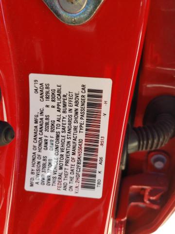 2HGFC2F85KH556430 - 2019 HONDA CIVIC SPOR RED photo 10