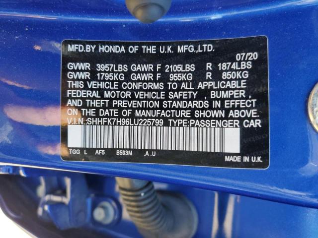 SHHFK7H96LU225799 - 2020 HONDA CIVIC SPOR BLUE photo 10