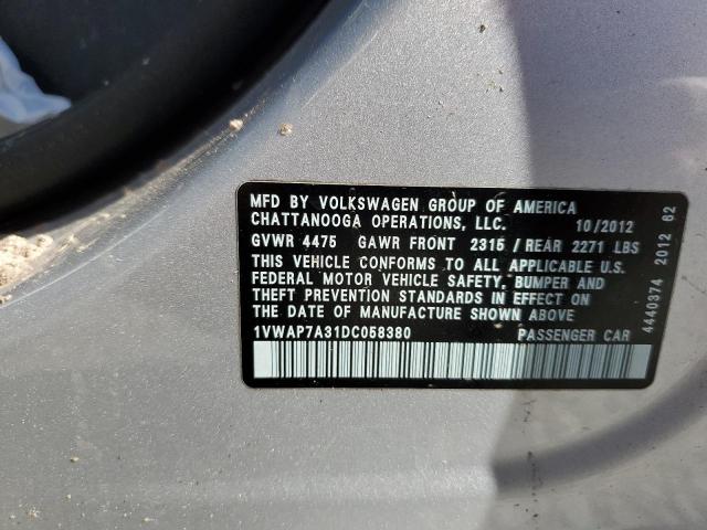 1VWAP7A31DC058380 - 2013 VOLKSWAGEN PASSAT S SILVER photo 10