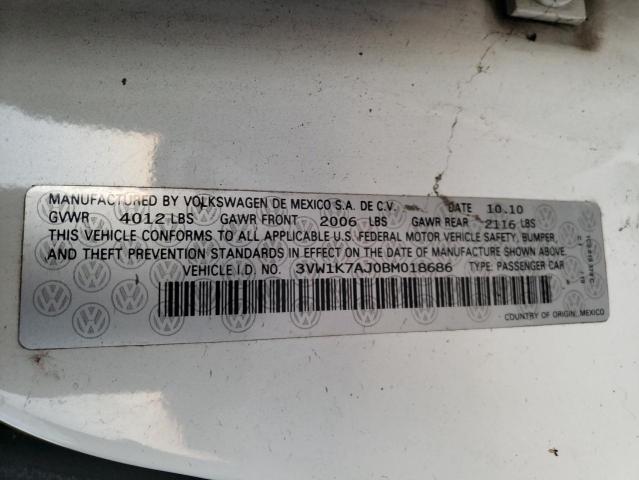 3VW1K7AJ0BM018686 - 2011 VOLKSWAGEN JETTA BASE 白色 照片 10