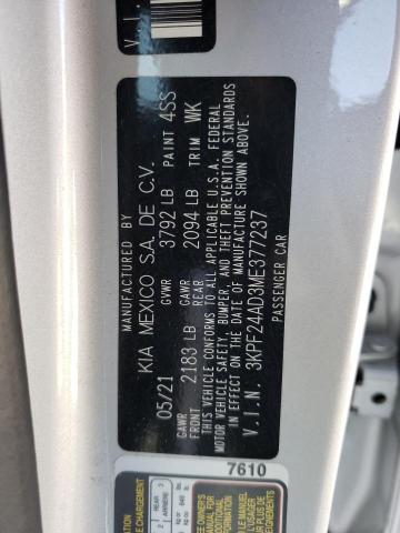 3KPF24AD3ME377237 - 2021 KIA FORTE FE SILVER photo 10