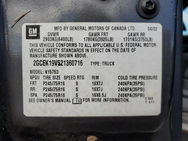 2GCEK19V521360716 - 2002 CHEVROLET SILVERADO GRAY photo 10