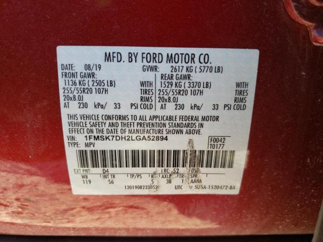 1FMSK7DH2LGA52894 - 2020 FORD EXPLORER X RED photo 10