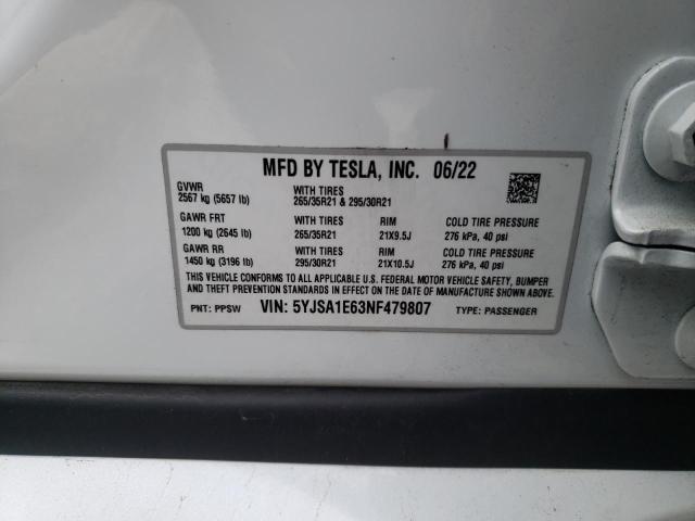 5YJSA1E63NF479807 - 2022 TESLA MODEL S Ağ foto 10