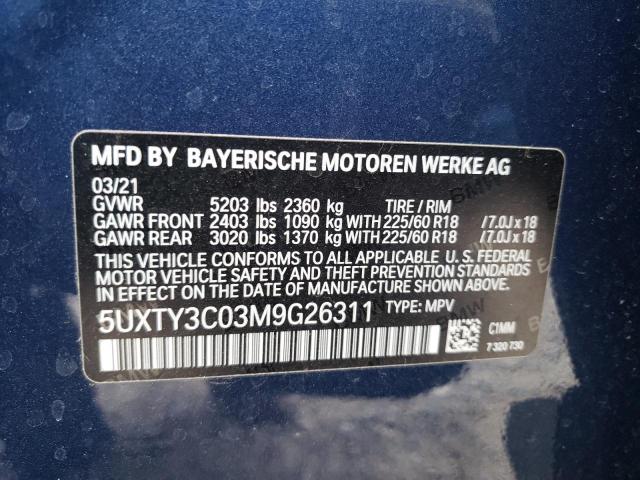 5UXTY3C03M9G26311 - 2021 BMW X3 SDRIVE3 BLUE photo 10