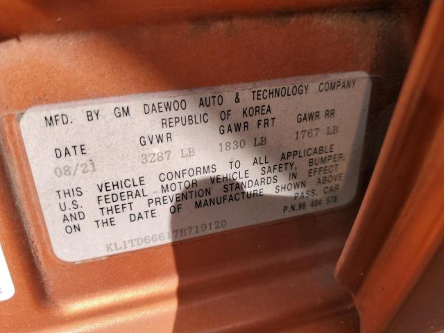 KL1TD66617B719120 - 2007 CHEVROLET AVEO BASE Қызғылт сары фото 10