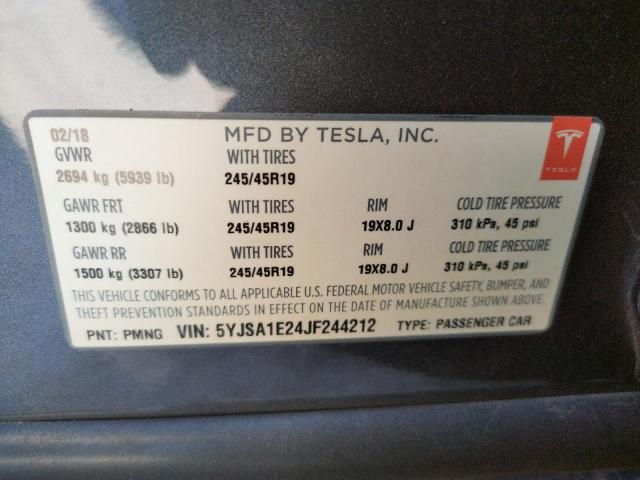 5YJSA1E24JF244212 - 2018 TESLA MODEL S Մոխրագույն լուսանկար 10