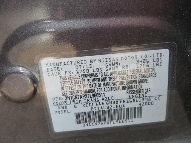 3N1CN7APXFL960511 - 2015 NISSAN VERSA S GRAY photo 10