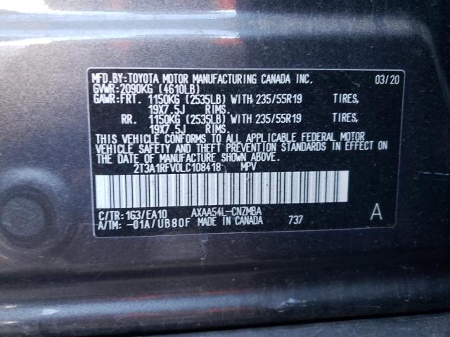 2T3A1RFV0LC108418 - 2020 TOYOTA RAV4 XLE P GRAY photo 10