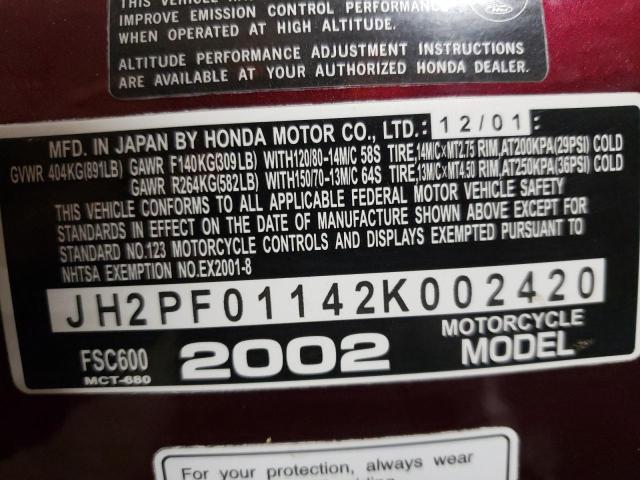 JH2PF01142K002420 - 2002 HONDA FSC600 BURGUNDY photo 10