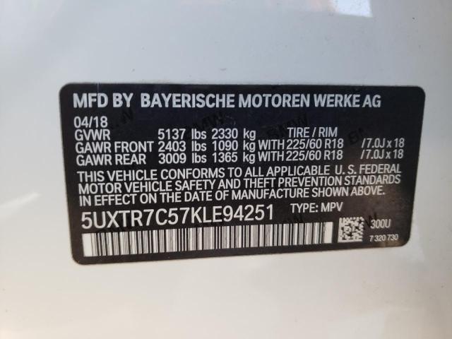 5UXTR7C57KLE94251 - 2019 BMW X3 SDRIVE3 WHITE photo 10