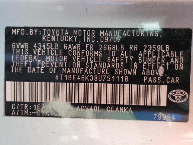 4T1BE46K38U751118 - 2008 TOYOTA CAMRY CE SILVER photo 10