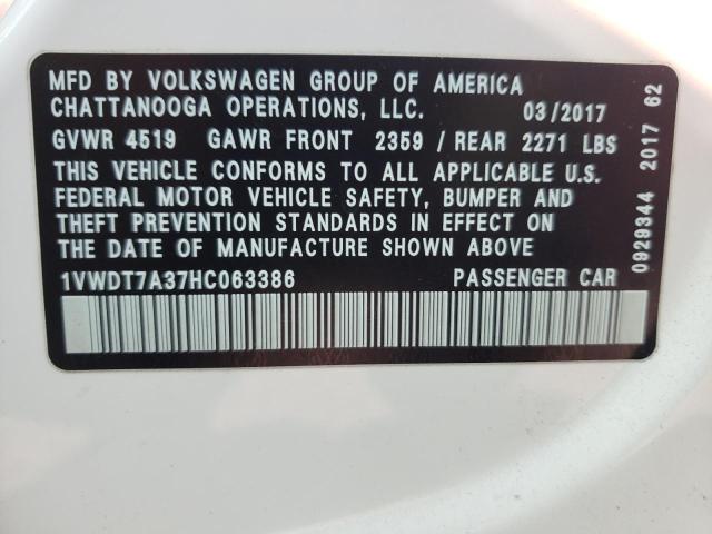 1VWDT7A37HC063386 - 2017 VOLKSWAGEN PASSAT R-L WHITE photo 10