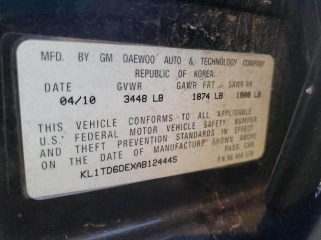 KL1TD6DEXAB124445 - 2010 CHEVROLET AVEO LS 黑色 照片 10