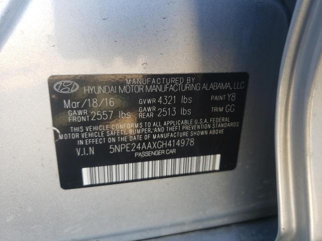 5NPE24AAXGH414978 - 2016 HYUNDAI SONATA ECO SILVER photo 10