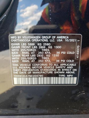 1V2HC2CA1NC204790 - 2022 VOLKSWAGEN ATLAS CROS Черный фото 10