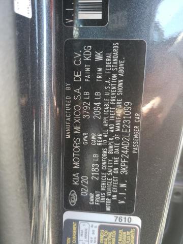 3KPF24AD2LE231099 - 2020 KIA FORTE FE GRAY photo 10