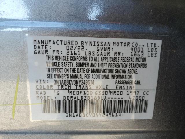 3N1AB8CV0NY249614 - 2022 NISSAN SENTRA SV GRAY photo 10