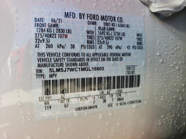 5LM5J7WC1MGL16803 - 2021 LINCOLN AVIATOR RE 白色 照片 10