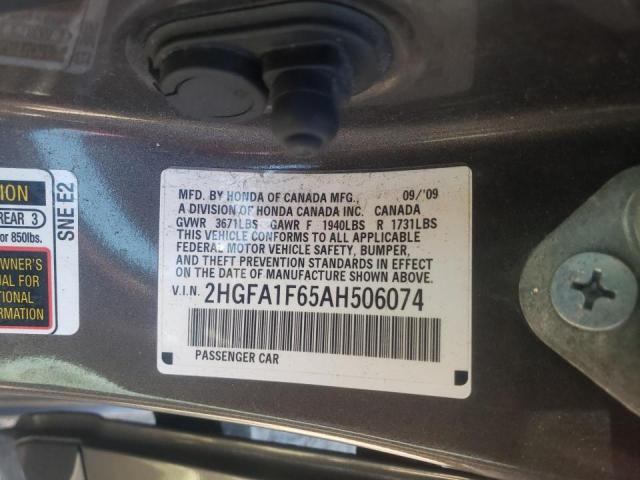 2HGFA1F65AH506074 - 2010 HONDA CIVIC LX-S فحمي صورة 10