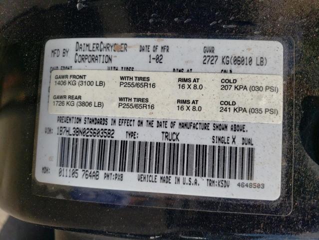 1B7HL38N02S603582 - 2002 DODGE DAKOTA QUA BLACK photo 10