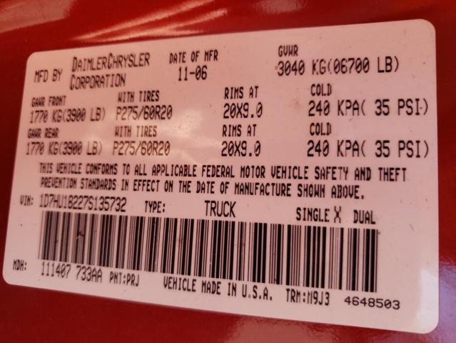 1D7HU18227S135732 - 2007 DODGE RAM 1500 S RED photo 10