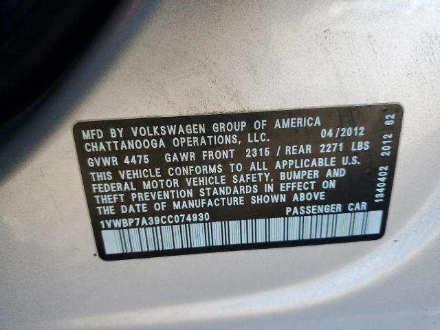 1VWBP7A39CC074930 - 2012 VOLKSWAGEN PASSAT SE SILVER photo 10