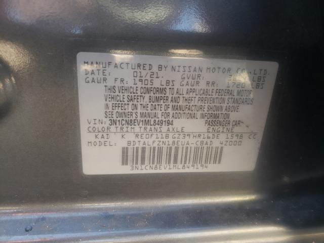 3N1CN8EV1ML859194 - 2021 NISSAN VERSA SV GRAY photo 10