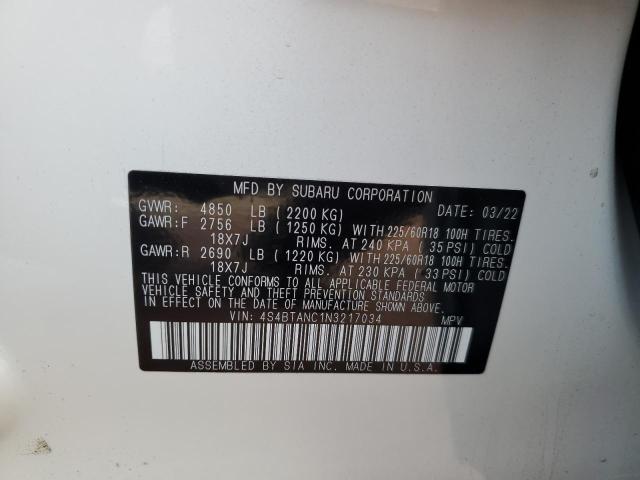 4S4BTANC1N3217034 - 2022 SUBARU OUTBACK LI WHITE photo 10