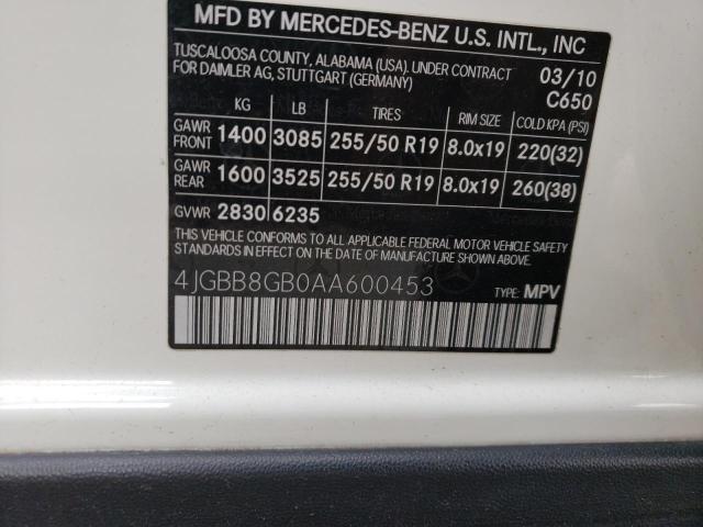 4JGBB8GB0AA600453 - 2010 MERCEDES-BENZ ML 350 4MA WHITE photo 10