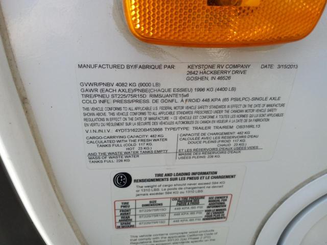 4YDT31622DB453868 - 2013 KEYSTONE OUTBACK WHITE photo 10