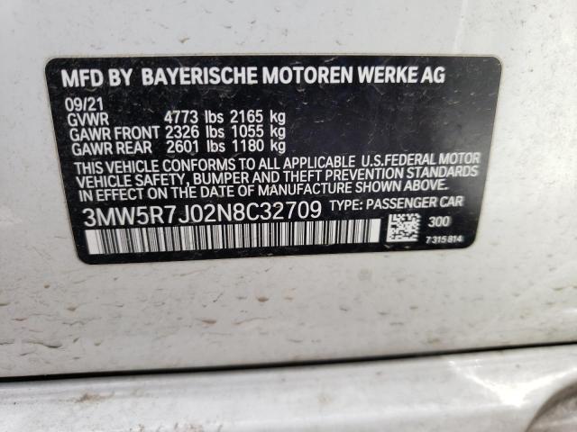 3MW5R7J02N8C32709 - 2022 BMW 330XI WHITE photo 10