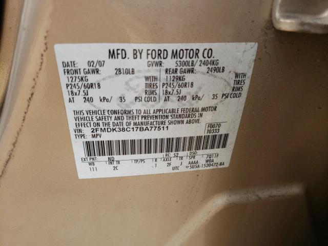 2FMDK38C17BA77511 - 2007 FORD EDGE TAN photo 10