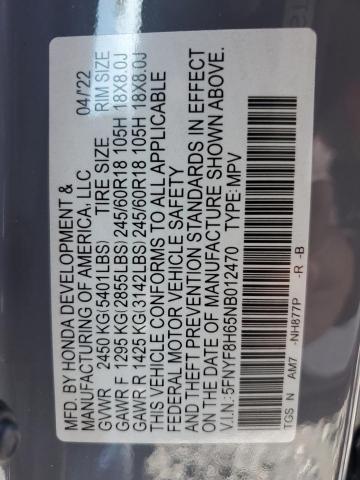 5FNYF8H65NB012470 - 2022 HONDA PASSPORT T GRAY photo 10