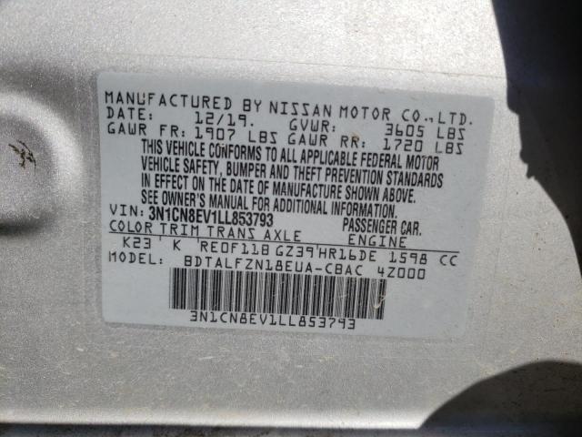 3N1CN8EV1LL853793 - 2020 NISSAN VERSA SV SILVER photo 10