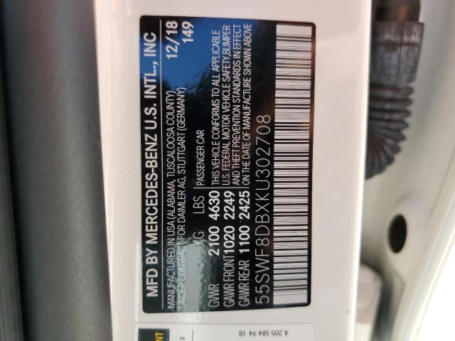 55SWF8DBXKU302708 - 2019 MERCEDES-BENZ C 300 WHITE photo 10