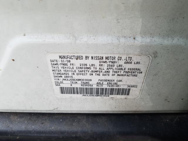 JNKAJ09EX8M303029 - 2008 INFINITI EX35 BASE Սպիտակ լուսանկար 10