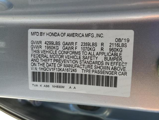 1HGCV1F13KA167245 - 2019 HONDA ACCORD LX SILVER photo 10