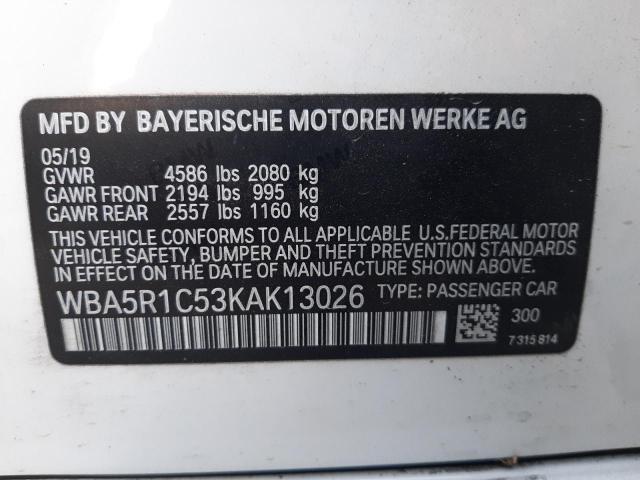 WBA5R1C53KAK13026 - 2019 BMW 330I WHITE photo 10