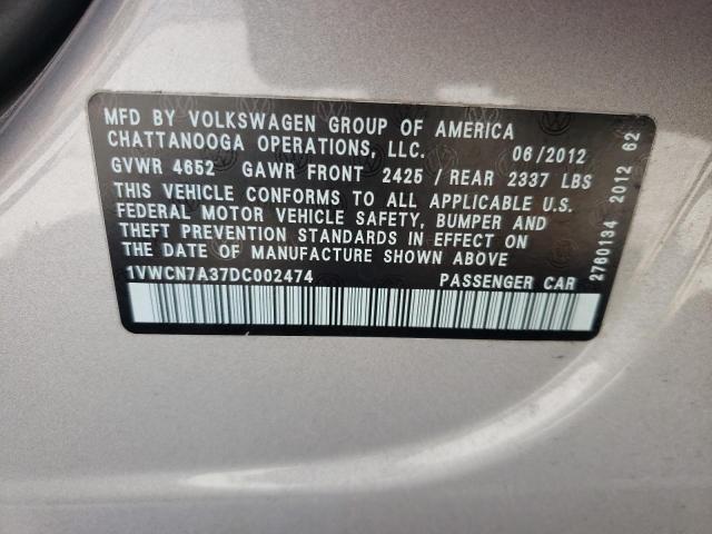 1VWCN7A37DC002474 - 2013 VOLKSWAGEN PASSAT SEL SILVER photo 10