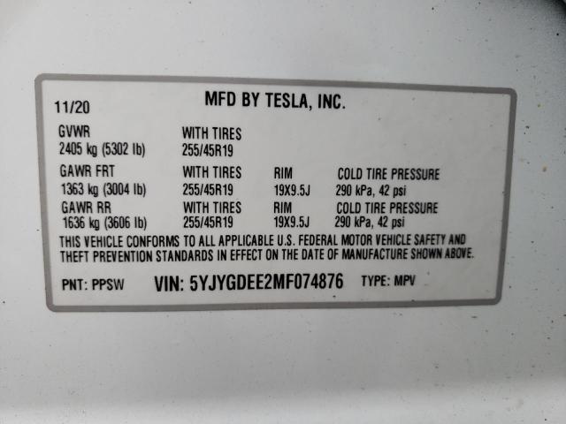5YJYGDEE2MF074876 - 2021 TESLA MODEL Y Blanc photo 10