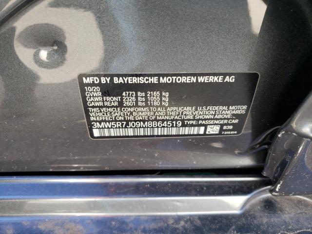 3MW5R7J09M8B64519 - 2021 BMW 330XI GRAY photo 10