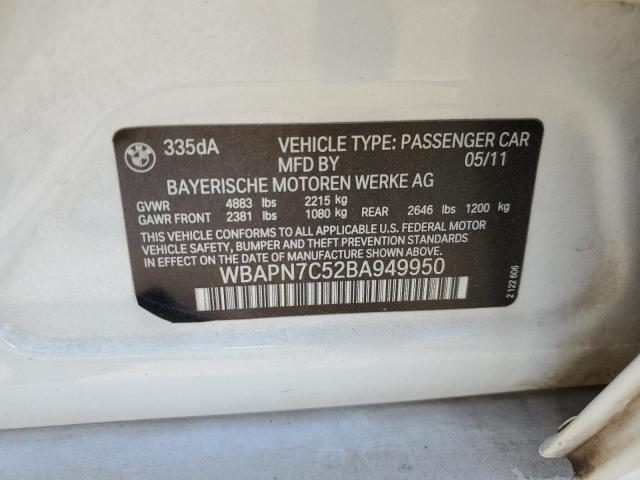 WBAPN7C52BA949950 - 2011 BMW 335 D WHITE photo 10