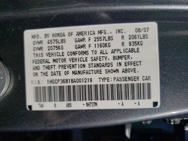 1HGCP36818A001219 - 2008 HONDA ACCORD EXL GRAY photo 10