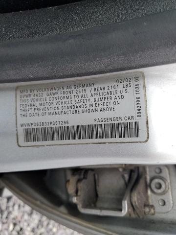 WVWPD63B32P357296 - 2002 VOLKSWAGEN PASSAT GLS SILVER photo 10